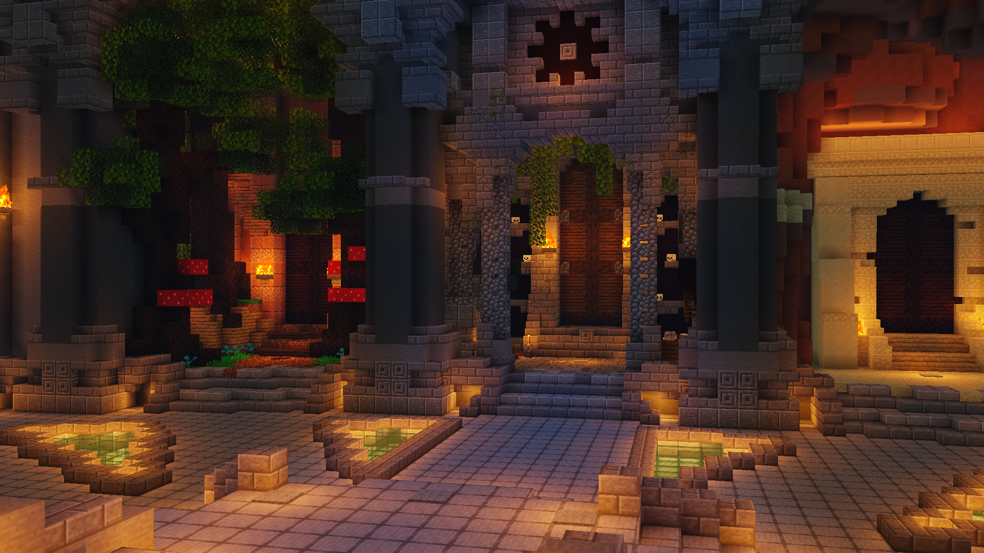 The Dungeon Hub inside of Skyblock in shaders